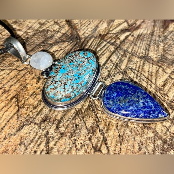 Crystal Pairing of Large Turquoise, Lapis Lazuli & Moonstone Pendant 3 1/4” - Picture 9 of 12